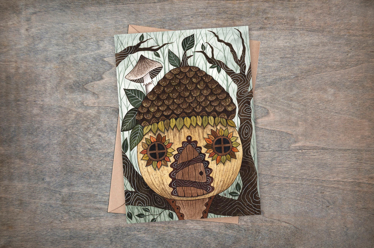 Little Acorn Cottage Card & Envelope - Whimsical Fairy Pixie Forest Treehouse Card - Mossy Green Woodland Goblin Rustic Cosy Cottage Card