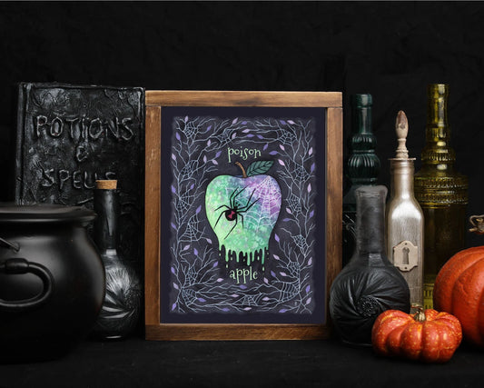 Poison Apple Print - A5 - A4 - A3 Poisonous Spider Apple Illustration Print - Spooky Creepy Black Widow Cobweb Halloween Fruit Decoration