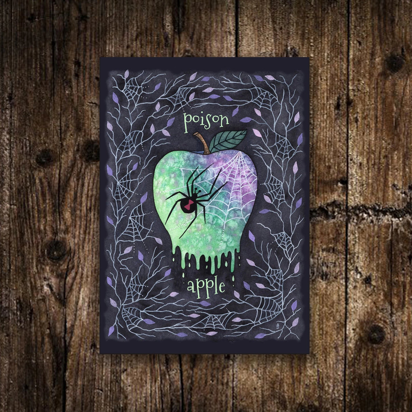Mini Poison Apple Print - Small A6 Spooky Poisonous Spider Apple Illustration - Spooky Creepy Black Widow Spider Halloween Cobweb Decoration