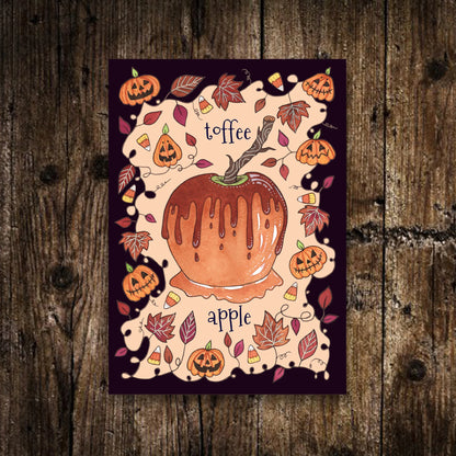 Mini Toffee Apple Print - Small A6 Cute And Spooky Candy Apple Illustration - Halloween Candy Corn Pumpkin Falling Leaves Bonfire Print