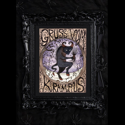 Gruss Vom Krampus Print - Spooky Black Purple Krampus Night A5 - A4 - A3 Watercolour Art - Gothic Creepy Creepmas Christmas Decoration