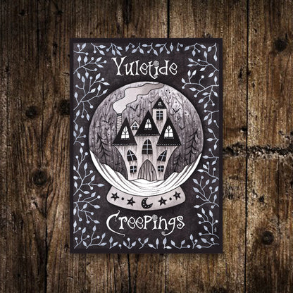 Mini A6 Yuletide Creepings Print - Small Gothic Winter Snow Globe Illustration - Watercolour Yule Postcard - Alternative Christmas Art