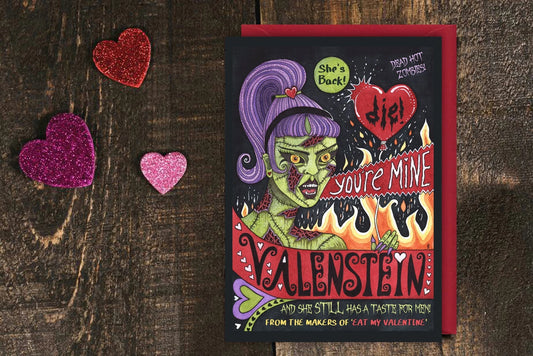 Valenstein Greetings Card & Envelope - Spooky B-Movie Zombie Inspired Valentines day Card - Punk Horror Rockabilly Psychobilly Pin Up Card