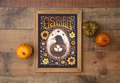Ostara Print - Watercolour Blackbird Nest A5 - A4 - A3 Illustration Print - Pagan Easter Egg Wall Art - Sunflower Floral Spring Summer Art