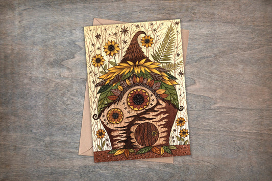 Sunflower Cottage Greetings Card & Envelope - Spring Summer Fairy House Card - Yellow Sunflowers Card - Cozy Cottage Fairy Fern Garden Card