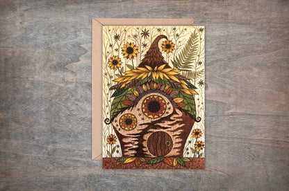 Sunflower Cottage Greetings Card & Envelope - Spring Summer Fairy House Card - Yellow Sunflowers Card - Cozy Cottage Fairy Fern Garden Card