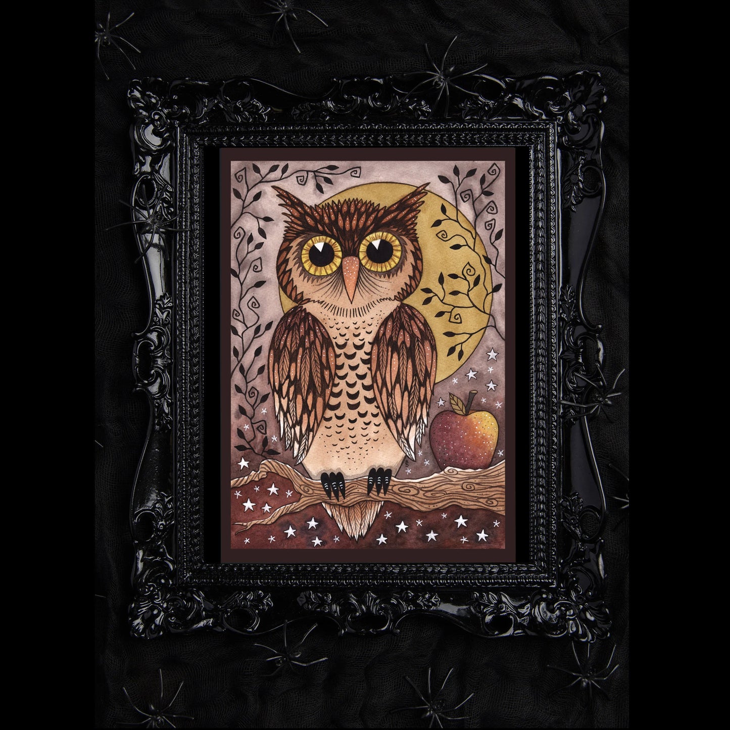 Wise Old Owl Print - A5 - A4 - A3 Vintage Style Halloween Watercolour Owl Illustration - Brown Purple Yellow Spooky Owl Moon And Apple Art