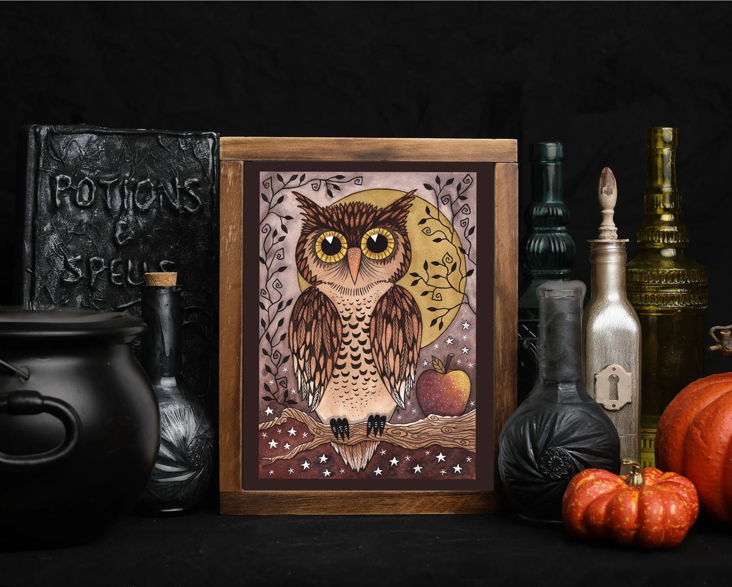 Wise Old Owl Print - A5 - A4 - A3 Vintage Style Halloween Watercolour Owl Illustration - Brown Purple Yellow Spooky Owl Moon And Apple Art