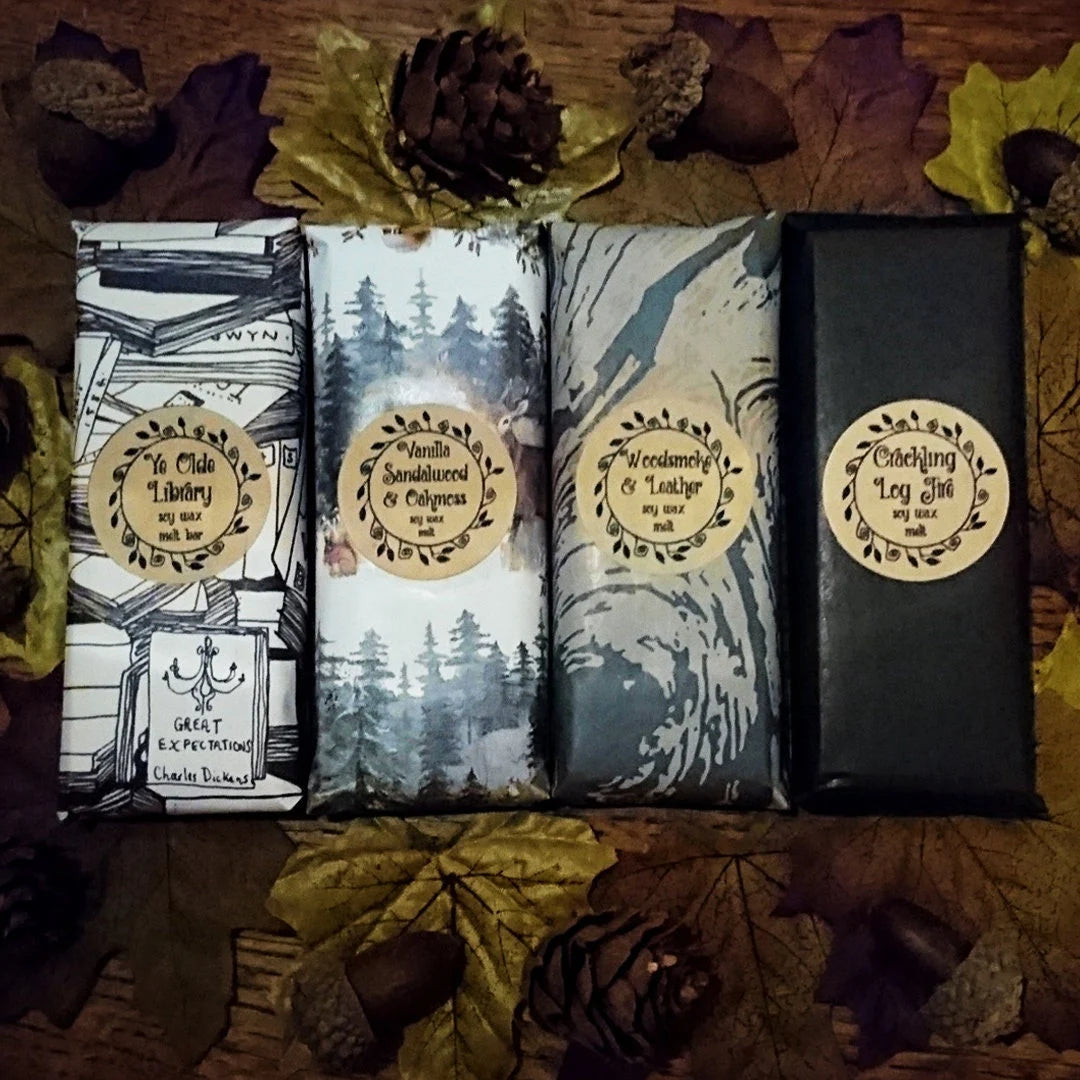 Woodland Fables Box Of Melts - Set Of Four Cosy Forest Library Themed Seasonal Wax Melts - Woodsy Books Leather Smoky Log Fire Wax Melts
