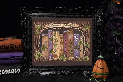 Woodland Fables Print - A5 - A4 - A3 Whimsical Witches Bookshelf Illustration - Brown Rustic Book Lover Library Bookstack Wall Art