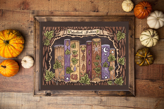 Woodland Fables Print - A5 - A4 - A3 Whimsical Witches Bookshelf Illustration - Brown Rustic Book Lover Library Bookstack Wall Art