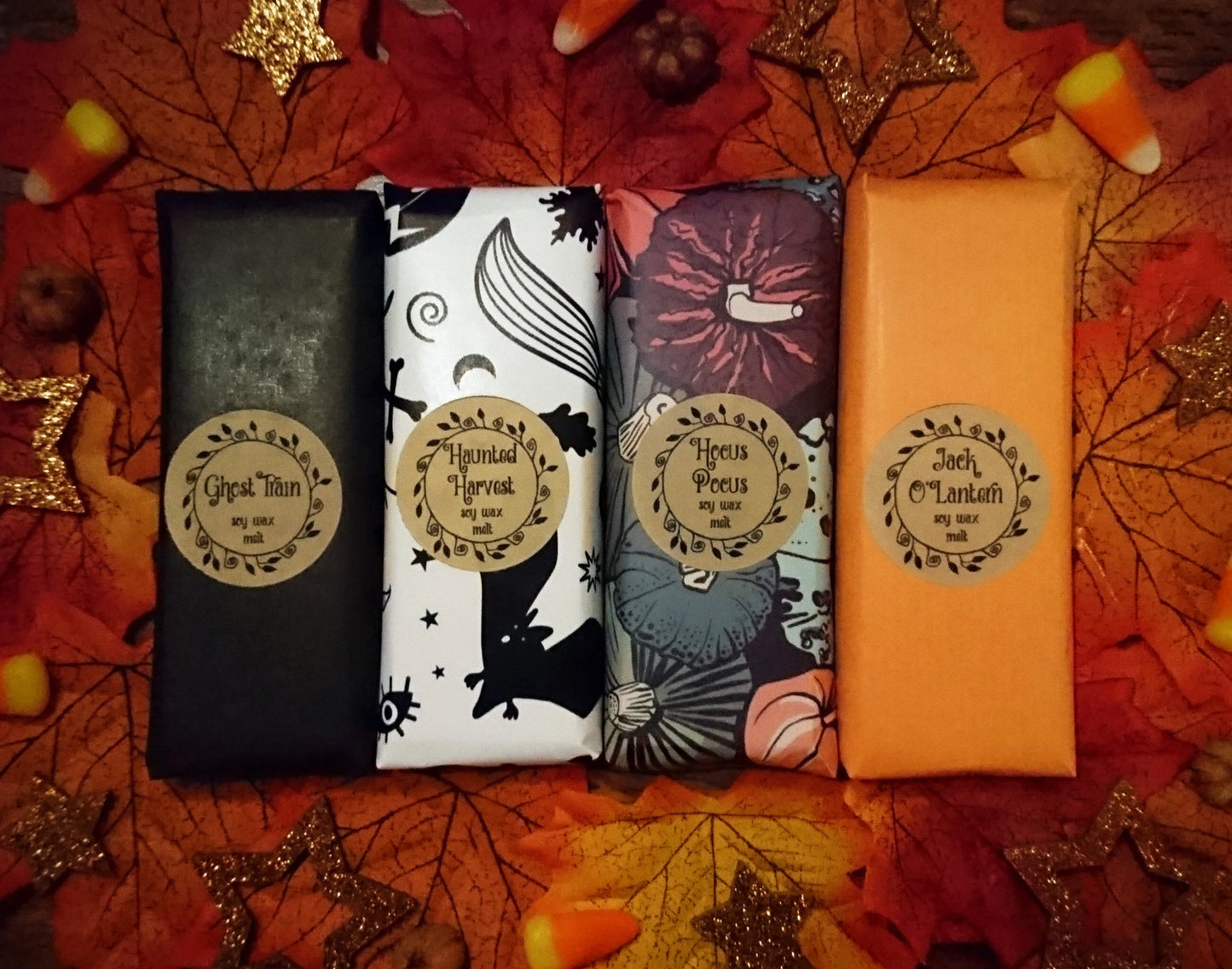 Spooktober Gift Box Of Halloween Melts - Set Of Four Spooky Pumpkin Candy Corn Liquorice Jack O Lantern Themed Wax Melts