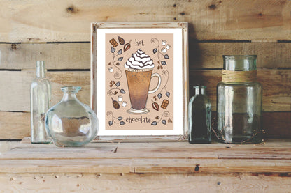 Hot Chocolate Print - A5 - A4 - A3 Whimsical Cocoa & Marshmallow Coffee Illustration Print - Autumn Winter Christmas Drink Decor Wall Art