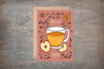 Spiced Apple Greetings Card & Envelope - Whimsical Cosy Hot Mulled Apple Cider Winter Christmas Card - Coffee Shop Cup Cafe Hot Drinks  Card