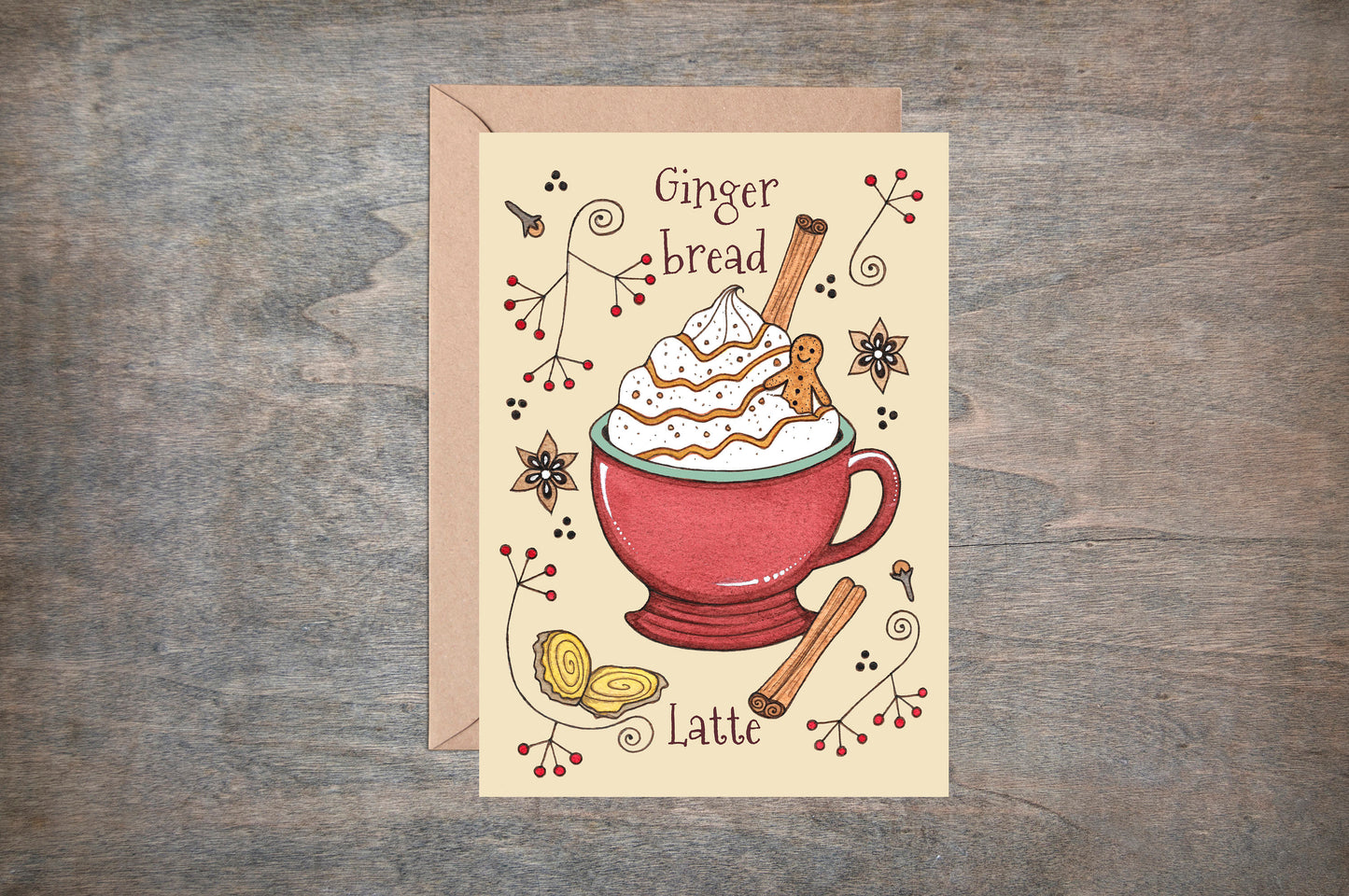 Gingerbread Latte Greetings Card & Envelope - Whimsical Cosy Spiced Cafe Latte Winter Christmas Card - Coffee Shop Cup Caffeine Lovers Card
