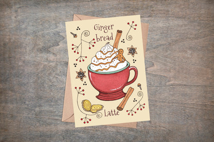 Gingerbread Latte Greetings Card & Envelope - Whimsical Cosy Spiced Cafe Latte Winter Christmas Card - Coffee Shop Cup Caffeine Lovers Card