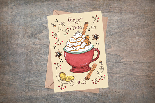 Gingerbread Latte Greetings Card & Envelope - Whimsical Cosy Spiced Cafe Latte Winter Christmas Card - Coffee Shop Cup Caffeine Lovers Card