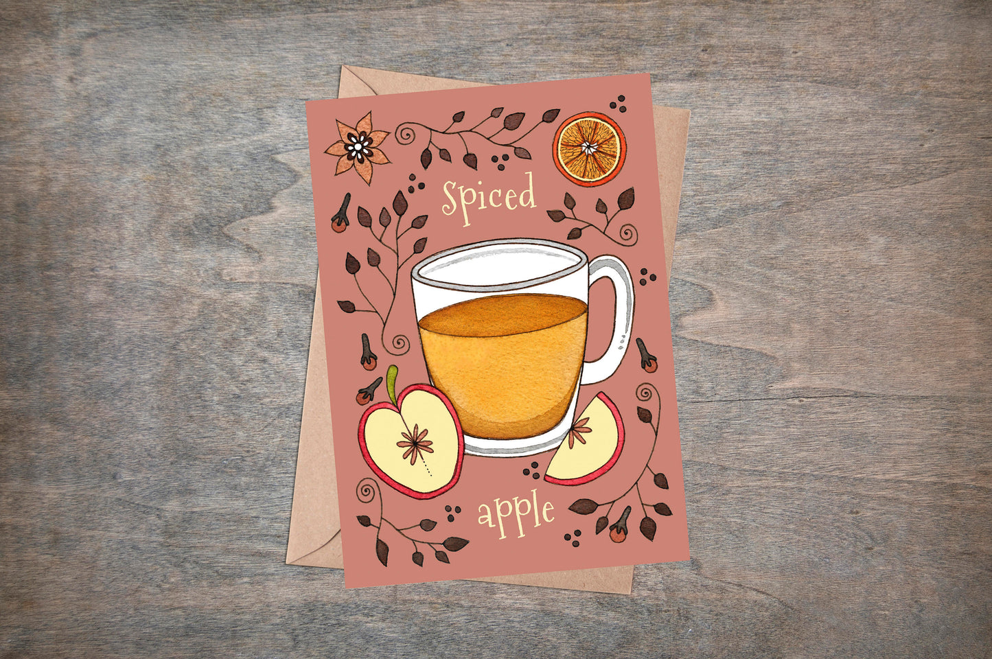 Spiced Apple Greetings Card & Envelope - Whimsical Cosy Hot Mulled Apple Cider Winter Christmas Card - Coffee Shop Cup Cafe Hot Drinks  Card