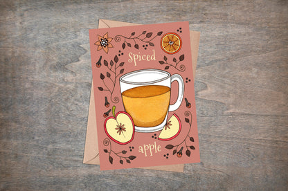 Spiced Apple Greetings Card & Envelope - Whimsical Cosy Hot Mulled Apple Cider Winter Christmas Card - Coffee Shop Cup Cafe Hot Drinks  Card
