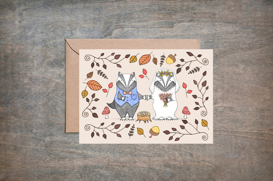 Badger Woodland Wedding Card & Envelope - Cute Woodland Congratulations Engagement Love Card - Forest Nature Wedding - Bride And Groom Card