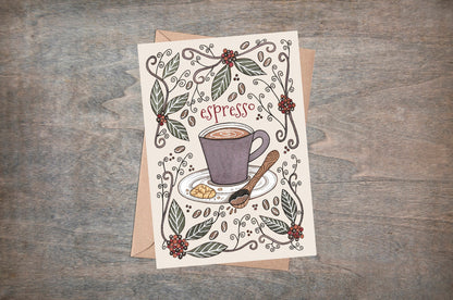 Espresso Greetings Card & Envelope - Dark Roast Espresso Coffee Illustrated Card - Coffee Cafe Shop Barista Gift - Coffee Lovers Card