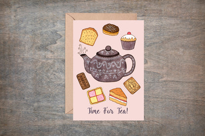 Tea Greetings Card & Envelope - Time For Tea! British High Tea And Cakes - Vintage Teapot Pink Mothers Day Card - Baking Lover Birthday Card