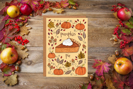 Pumpkin Pie Greetings Card & Envelope - Orange Yellow Autumn Fall Thanksgiving Card - Pumpkin Halloween Card - Pastry Baking Illustration