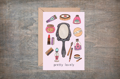Retro Makeup Greetings Card & Envelope - Pretty Lovely Purple 50's Beauty Make Up Card - Vintage Pin Up Birthday - Valentines For Her Card