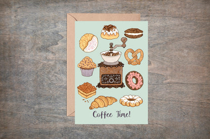 Coffee Time! Greetings Card & Envelope - Vintage Coffee Grinder And Baked Treats - Doughnut Pretzel Croissant Cookies Cakes Baking Birthday