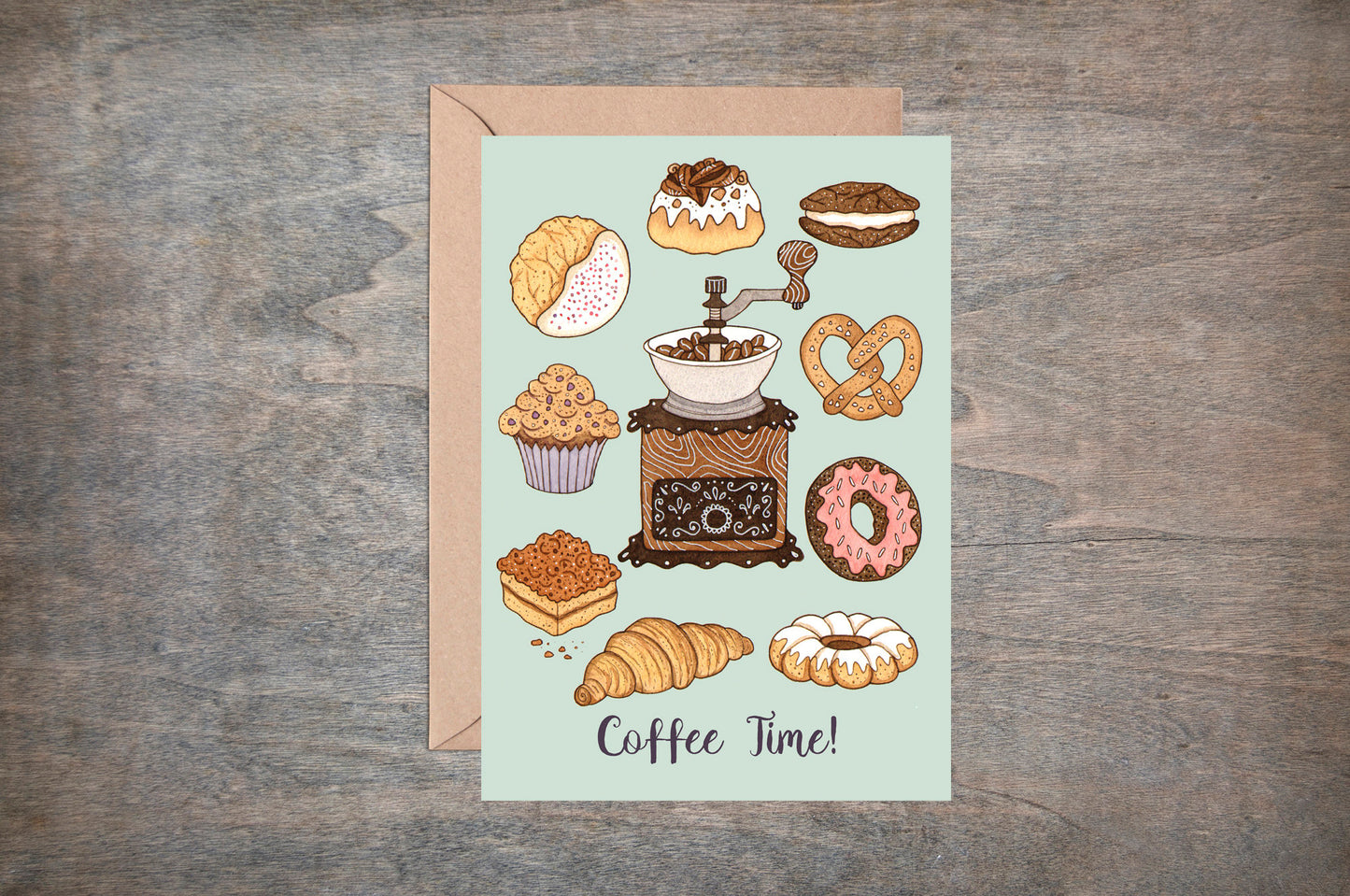 Coffee Time! Greetings Card & Envelope - Vintage Coffee Grinder And Baked Treats - Doughnut Pretzel Croissant Cookies Cakes Baking Birthday