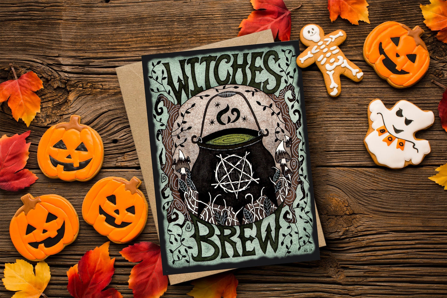 Witches Brew Greetings Card & Envelope - Black Green Pentagram Cauldron Illustrated Card - Gothic Alternative Witch Pagan Halloween Card