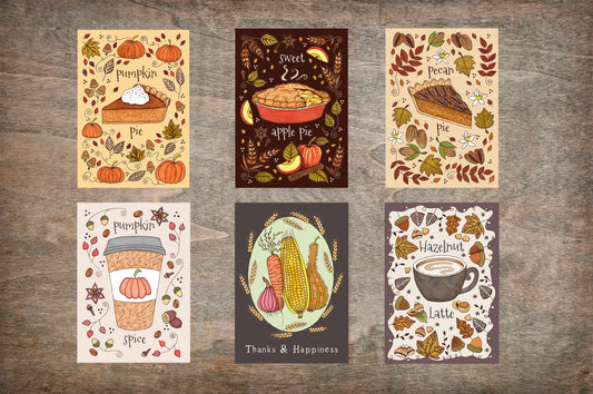 Set Of 6 Mini Autumn Prints - Pumpkin Pie Pumpkin Spice Apple Pie Decor Set - Pecan Pie Thanksgiving Hazelnut Latte Mini Illustration Set