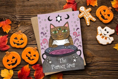 Potion Cat Greetings Card & Envelope - 'The Perfect Spell' Magic Halloween Cauldron Three Eyed Witches Cat - Cute Kids Halloween Invitation