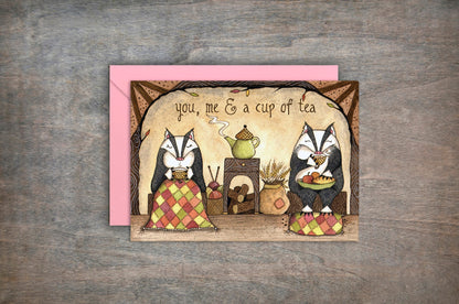 Badger Valentines Day Card & Envelope - Cosy Badgers Drinking Tea Card - Whimsical Nature Teapot Birthday Anniversary Love Birthday Card