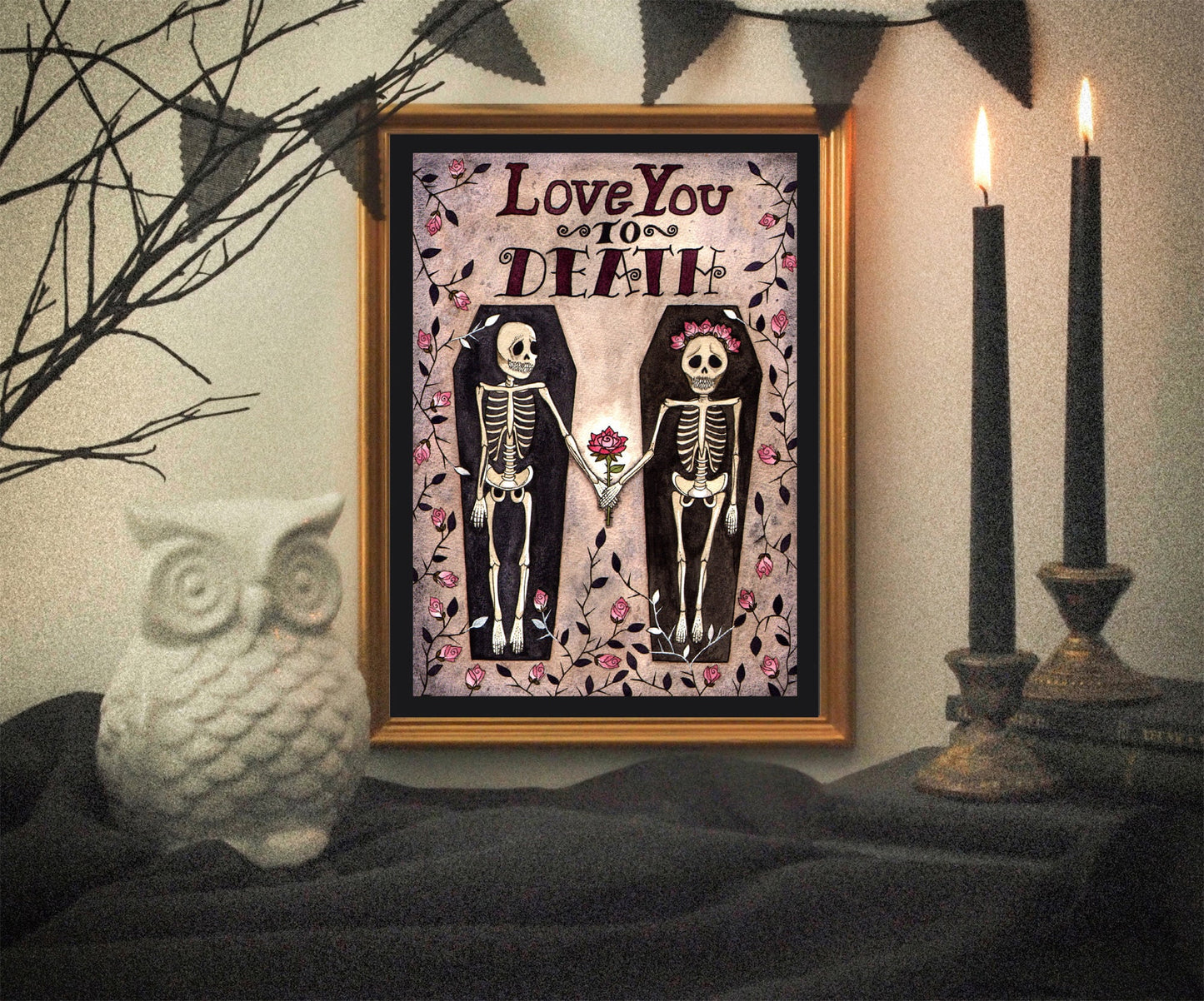 Love You To Death Illustration Print - Watercolour Day Of The Dead Rose Valentine Skeletons A5 - A4 - A3 - Gothic Alternative Wedding Decor