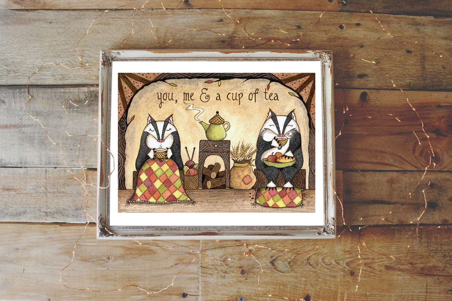 Badgers Drinking Tea Print - Watercolour Cosy In Love Badgers A5 - A4 - A3 Illustration Art Print - Whimsical Valentines Anniversary Decor
