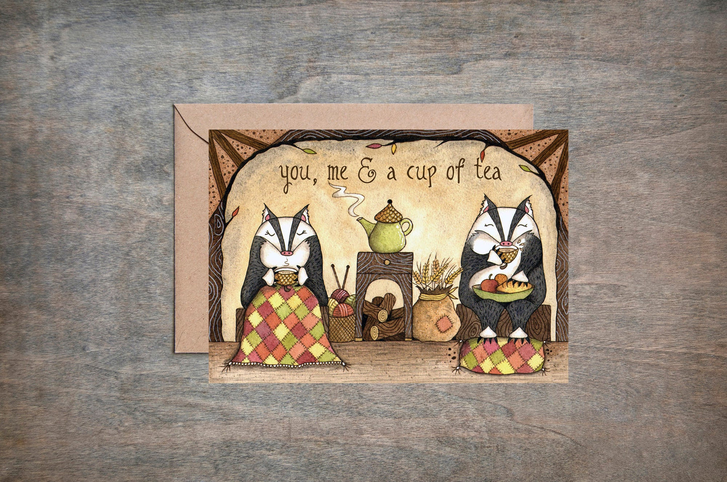 Badger Valentines Day Card & Envelope - Cosy Badgers Drinking Tea Card - Whimsical Nature Teapot Birthday Anniversary Love Birthday Card