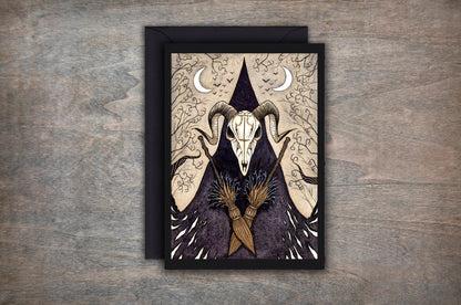 Witch Skull Greetings Card & Envelope - Pagan Witch Illustrated Card - Gothic Halloween Birthday Card - Goat Skull Occult Wicca Witchy Gift