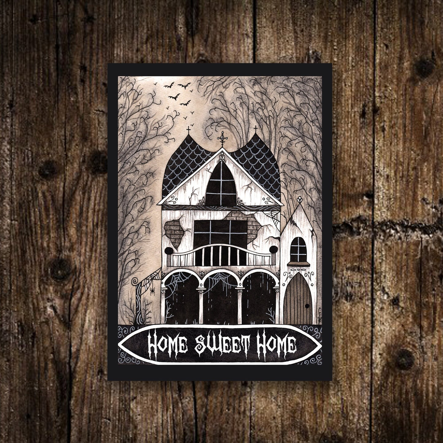 Mini A6 Haunted House Print - Small Gothic Home Sweet Home Illustration - Mini Goth Postcard Print - Halloween Witch House Bats Spooky Decor