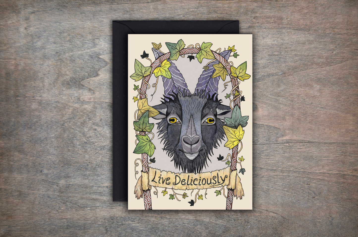 Black Phillip Greetings Card & Envelope - The VVitch Goat Illustrated Card - Live Deliciously - Witchy Pagan Goth Halloween Solstice Card