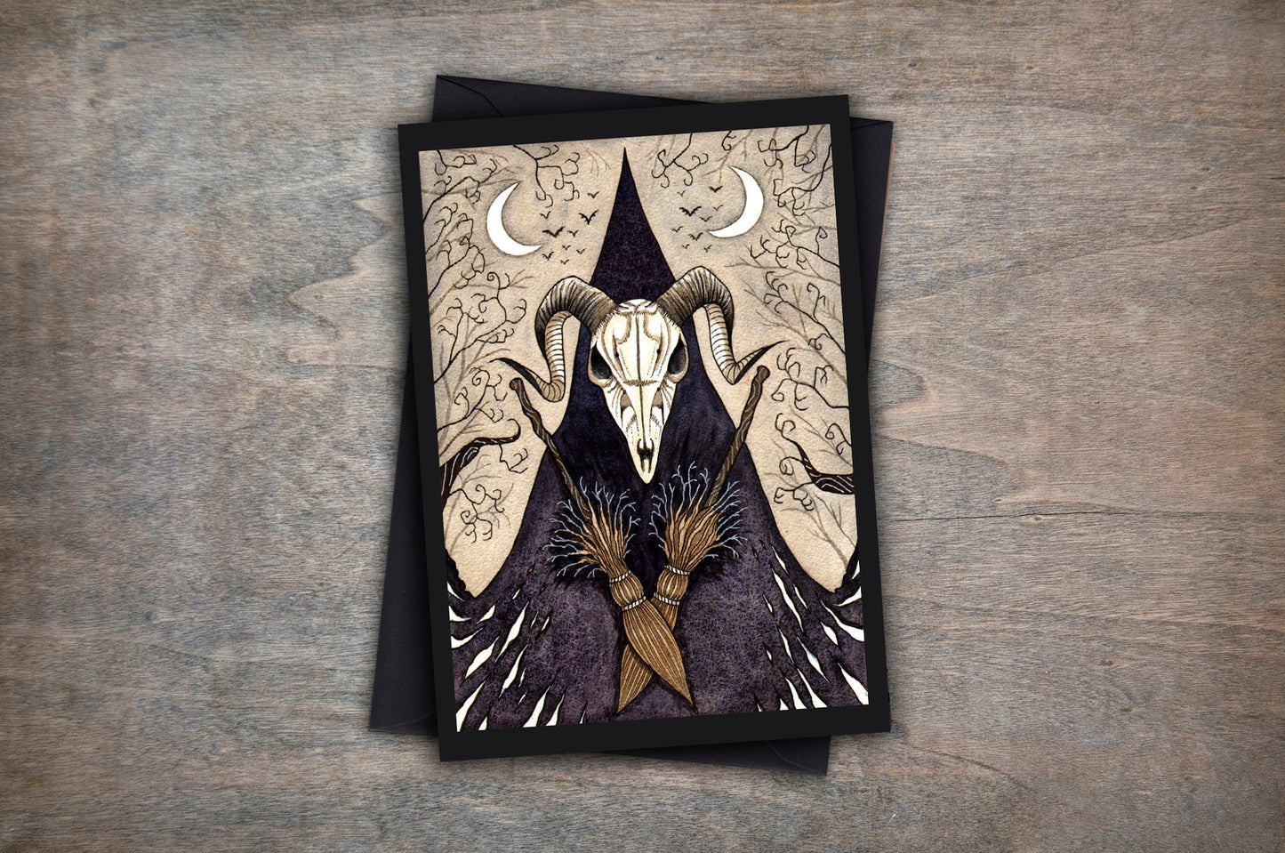 Witch Skull Greetings Card & Envelope - Pagan Witch Illustrated Card - Gothic Halloween Birthday Card - Goat Skull Occult Wicca Witchy Gift