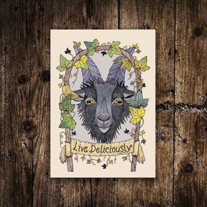 Mini A6 Black Phillip Print - Small Witches 'Live Deliciously' Illustration - Mini Gothic Witchy Postcard Print - Black Spooky Goat Decor