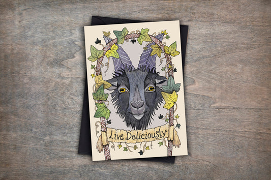 Black Phillip Greetings Card & Envelope - The VVitch Goat Illustrated Card - Live Deliciously - Witchy Pagan Goth Halloween Solstice Card