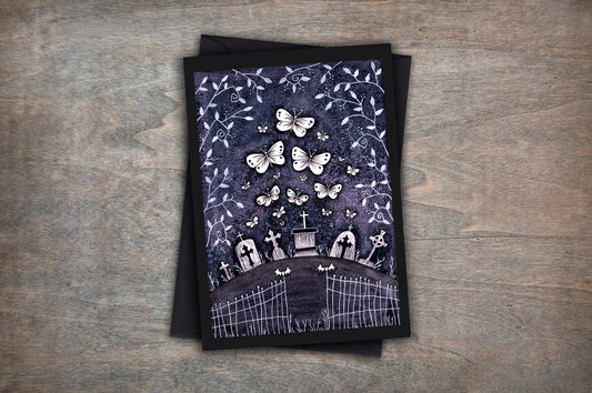 Twilight Butterflies Greetings Card & Envelope - Spooky Purple Graveyard Card - Gothic Cute Lolita Card - Midnight White Blue Butterfly Gift