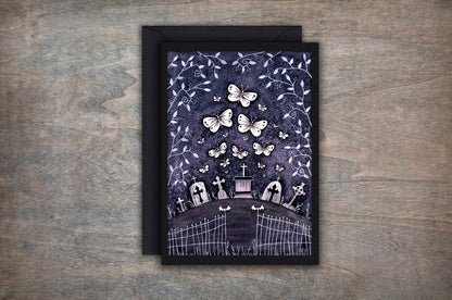 Twilight Butterflies Greetings Card & Envelope - Spooky Purple Graveyard Card - Gothic Cute Lolita Card - Midnight White Blue Butterfly Gift