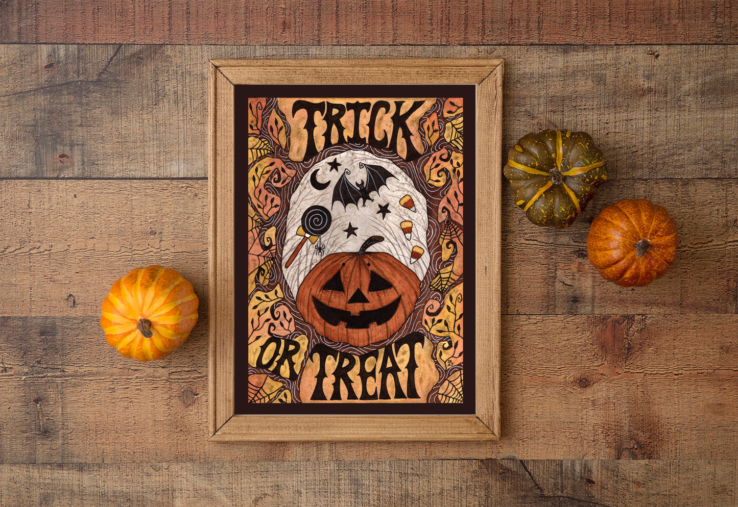 Trick Or Treat Print - Halloween Candy A5 - A4 - A3 Watercolour Art - Gothic Spooky Orange Black Halloween Pumpkin Jack-O-Lantern Decor