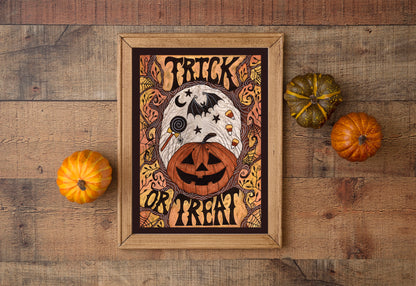 Trick Or Treat Print - Halloween Candy A5 - A4 - A3 Watercolour Art - Gothic Spooky Orange Black Halloween Pumpkin Jack-O-Lantern Decor