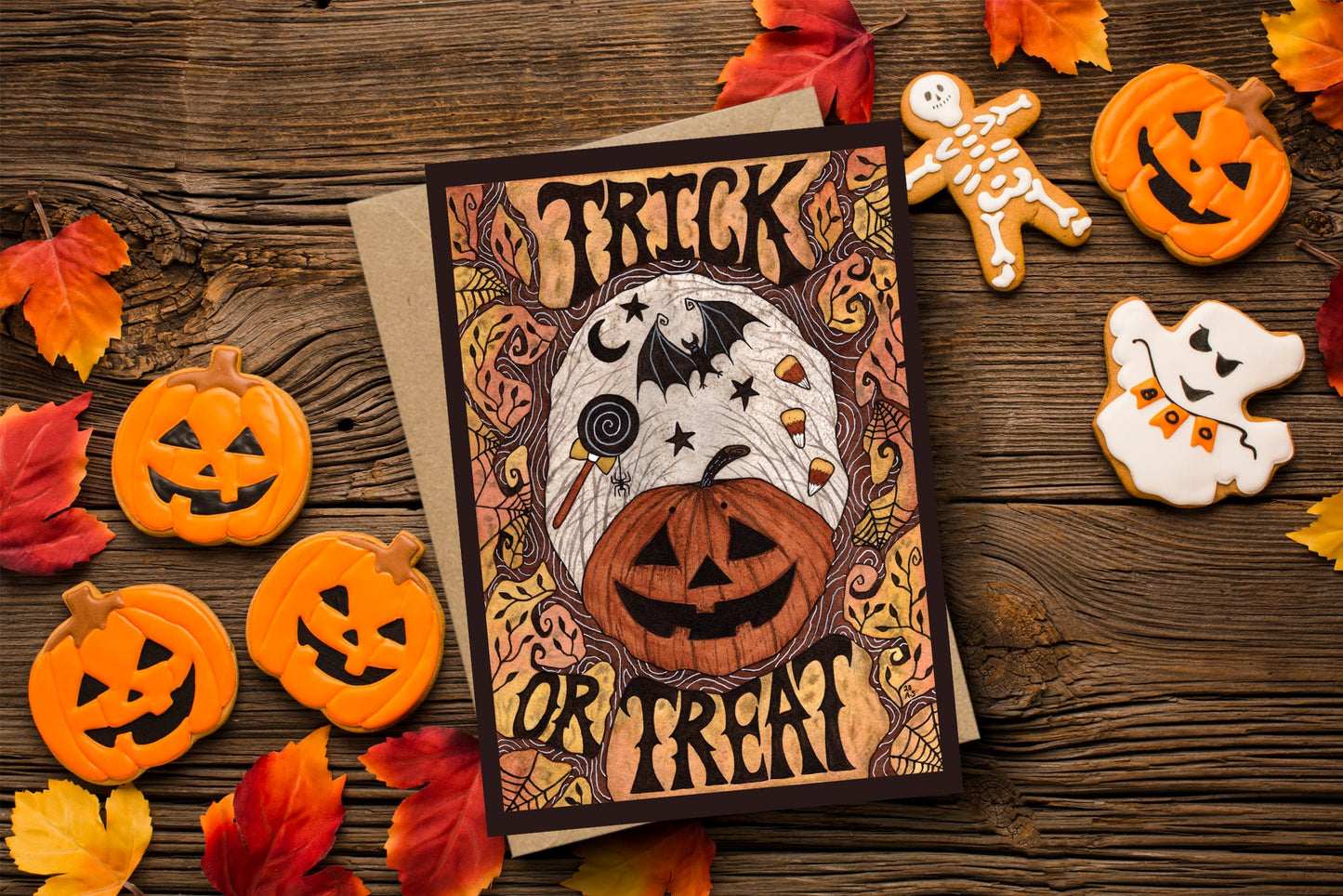 Trick Or Treat Greetings Card & Envelope - Orange Halloween Pumpkin Illustrated Card - Gothic Alternative Samhain Card - Candy Corn Bats
