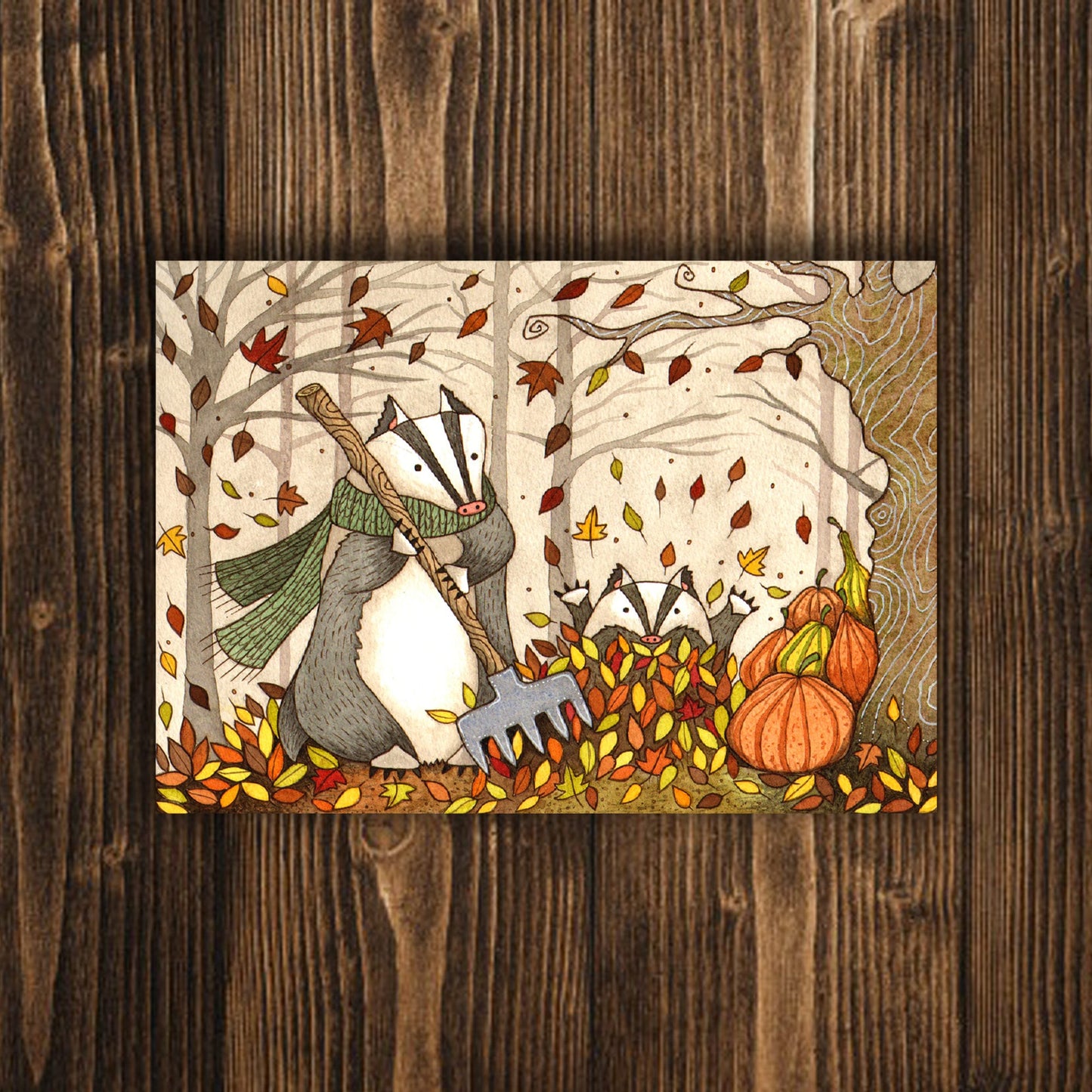 Mini A6 Autumn Badgers Print - Small Autumn Pumpkin Badger Illustration - Mini Halloween Postcard Print - Cute Badger Woodland Animals Art