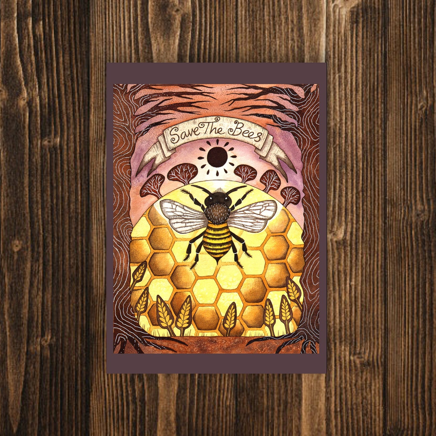 Mini A6 Save The Bees Print - Small Honey Bee Watercolour llustration - Mini Bee Hive Postcard Print - Cute Yellow Honey Bee Art